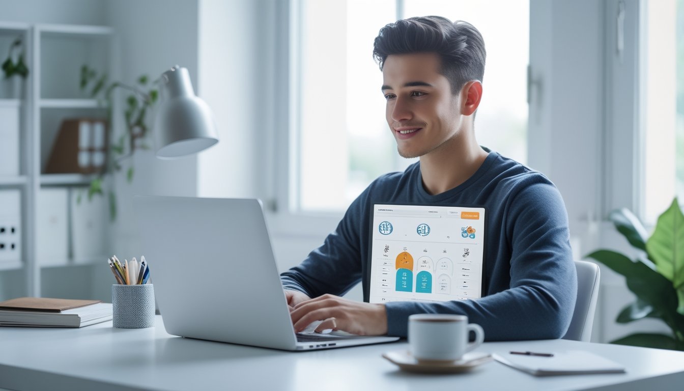 Seorang dewasa muda duduk di meja dengan laptop, fokus menggunakan situs togel online yang aman dan terpercaya, di ruangan terang dengan tanaman dan rak buku di latar belakang.