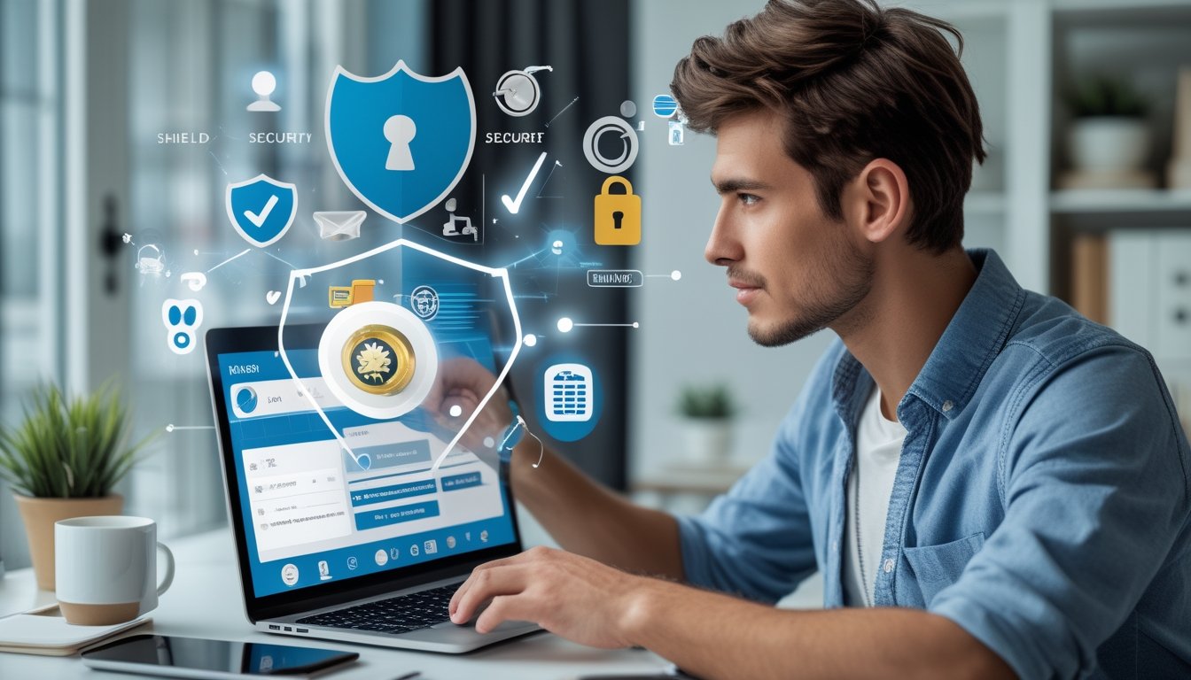 Seseorang menggunakan laptop di ruang kerja modern, fokus memilih situs togel online yang aman dengan simbol keamanan di sekitar.