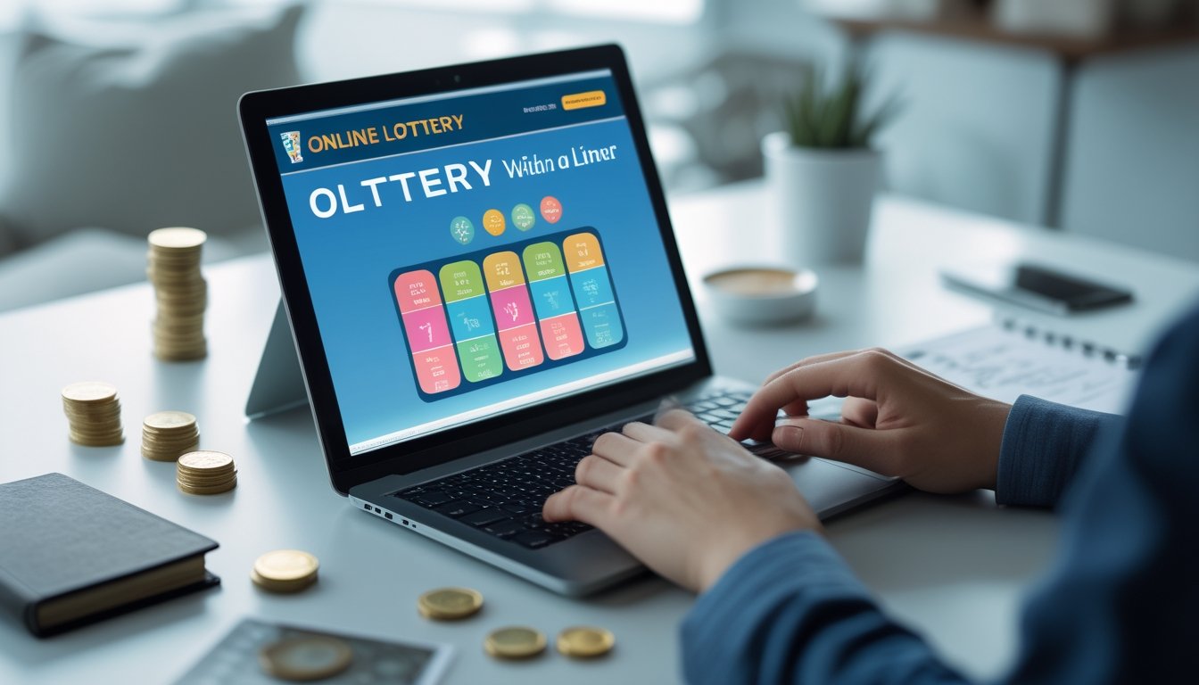 Seseorang menggunakan laptop di meja kerja yang rapi dengan uang dan koin kecil di sampingnya, menunjukkan aktivitas bermain togel online dengan modal kecil.