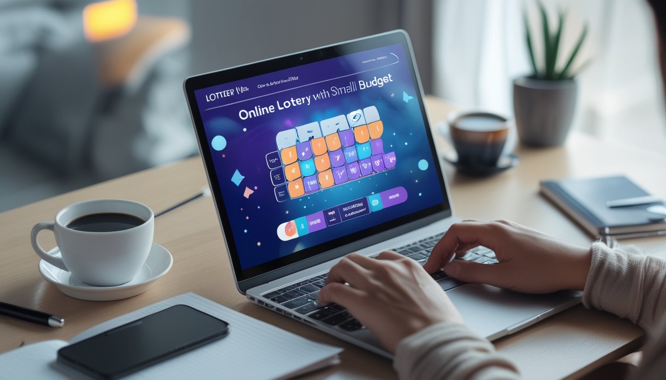 Seorang individu sedang menggunakan laptop di meja kerja dengan layar menampilkan antarmuka permainan togel online, dikelilingi oleh alat tulis dan minuman di ruang kerja yang terang.