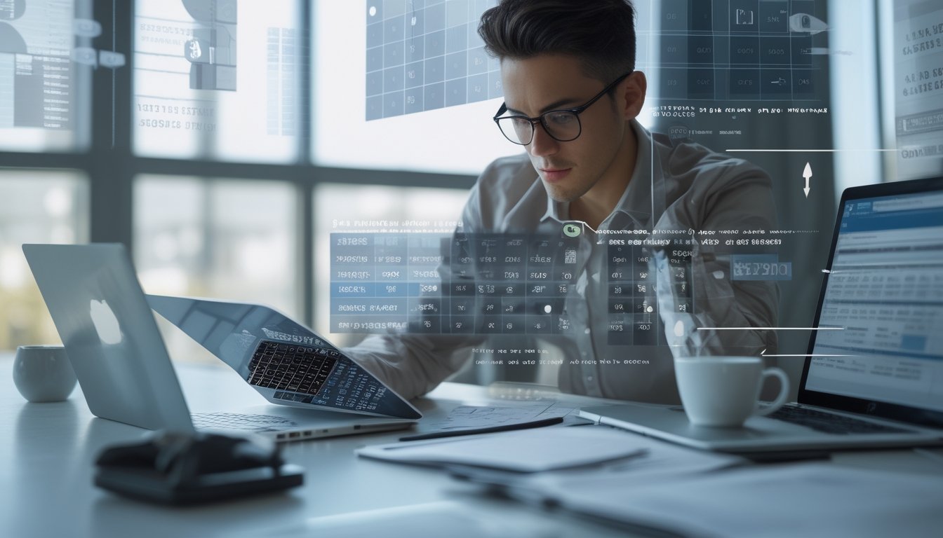 Seseorang sedang fokus menganalisis data angka di tablet digital di ruang kerja modern dengan laptop dan catatan.