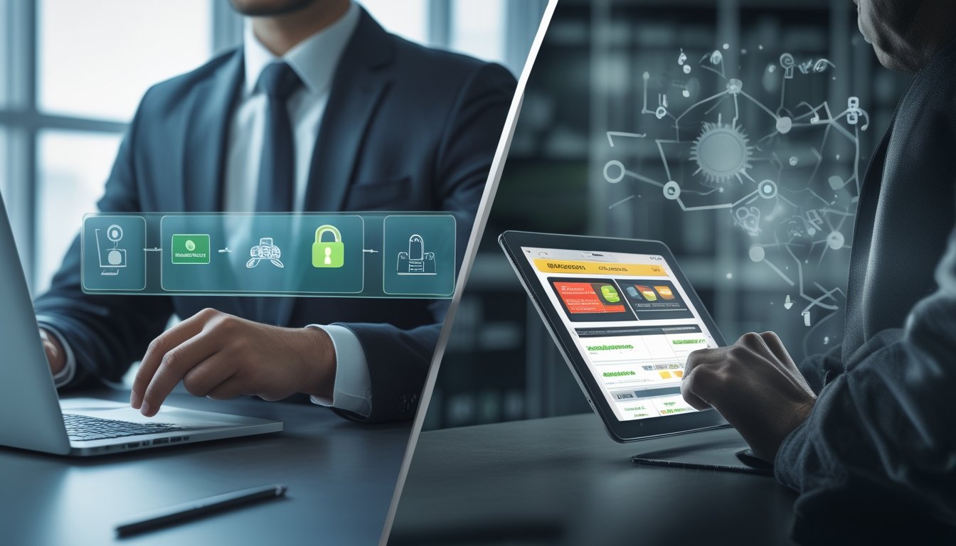 Dua orang dengan latar kantor modern, satu menggunakan laptop dengan situs aman, satu lagi menggunakan tablet dengan situs mencurigakan.