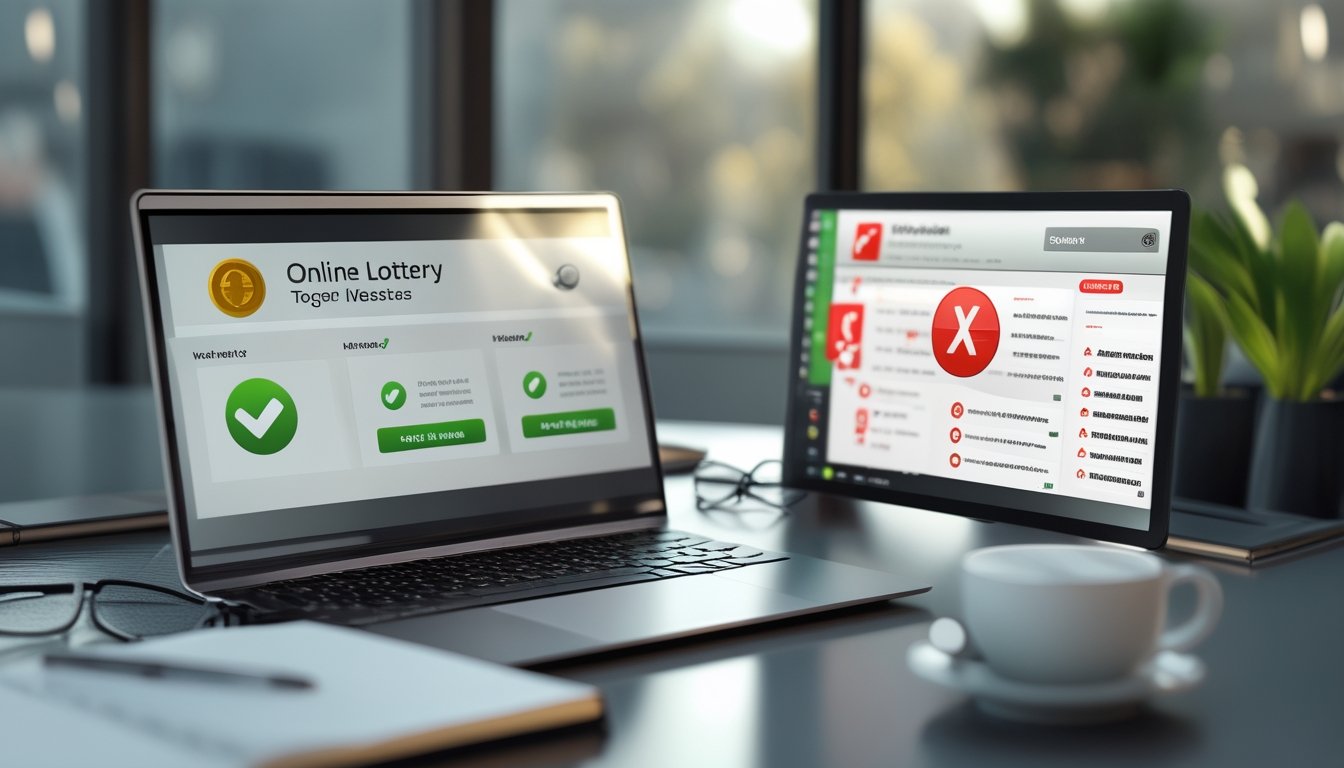 Seorang profesional sedang menganalisis situs togel resmi dan yang tidak terverifikasi di meja kerja dengan laptop dan dokumen.
