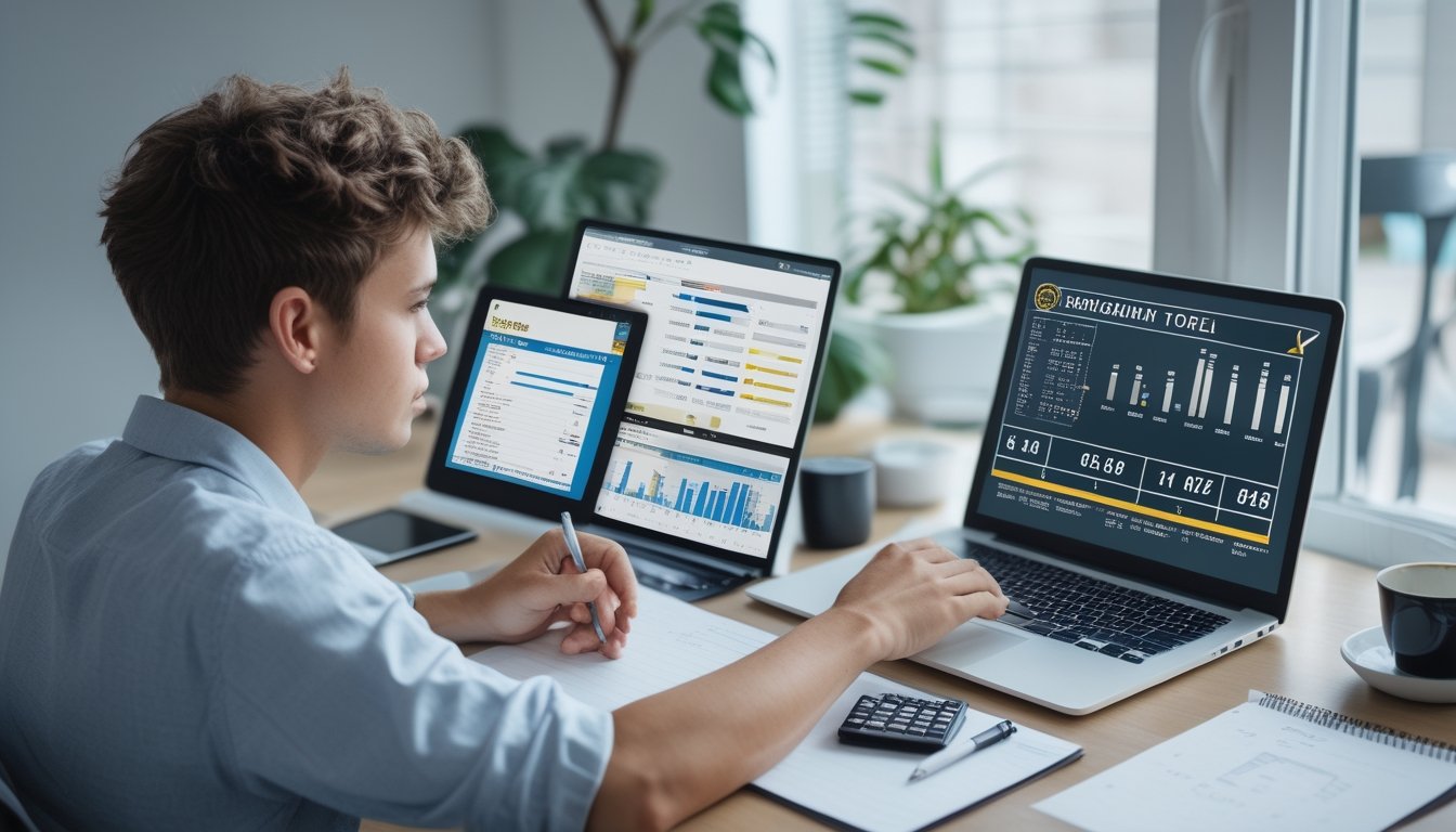 Seorang dewasa muda duduk di meja kerja dengan laptop dan tablet, menganalisis data dan grafik terkait permainan togel online, di ruang kerja yang rapi dan terang.
