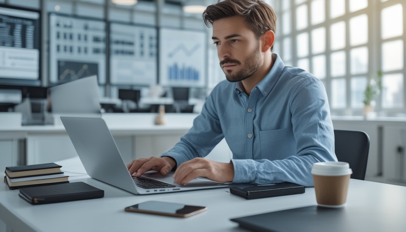 Seseorang duduk di meja kerja dengan laptop, terlihat fokus dan sedang mempertimbangkan sesuatu di lingkungan kantor yang terang dan rapi.