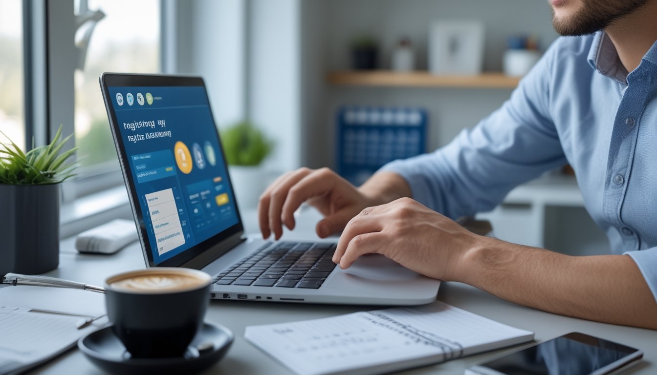 Seseorang sedang menggunakan laptop di meja kerja yang rapi untuk mendaftar dan mulai bermain togel online secara bertahap.