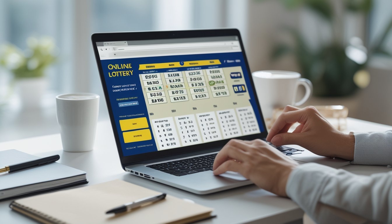 Seseorang sedang menggunakan laptop di meja kerja dengan tampilan situs togel online di layar, dikelilingi alat tulis dan secangkir kopi.