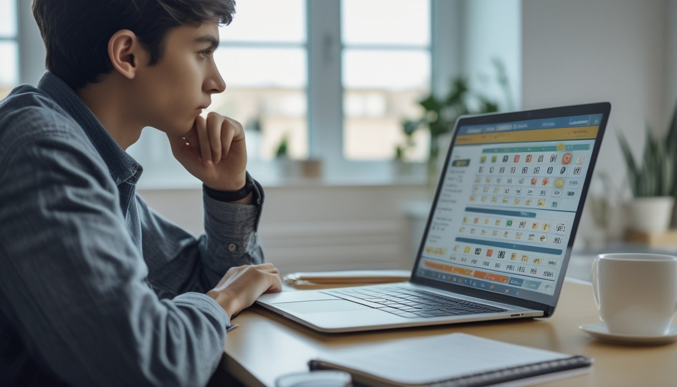 Seorang dewasa muda duduk di meja kerja dengan laptop terbuka menampilkan layar permainan togel online, terlihat fokus dan berpikir, di ruang kerja rumah yang terang dan rapi.
