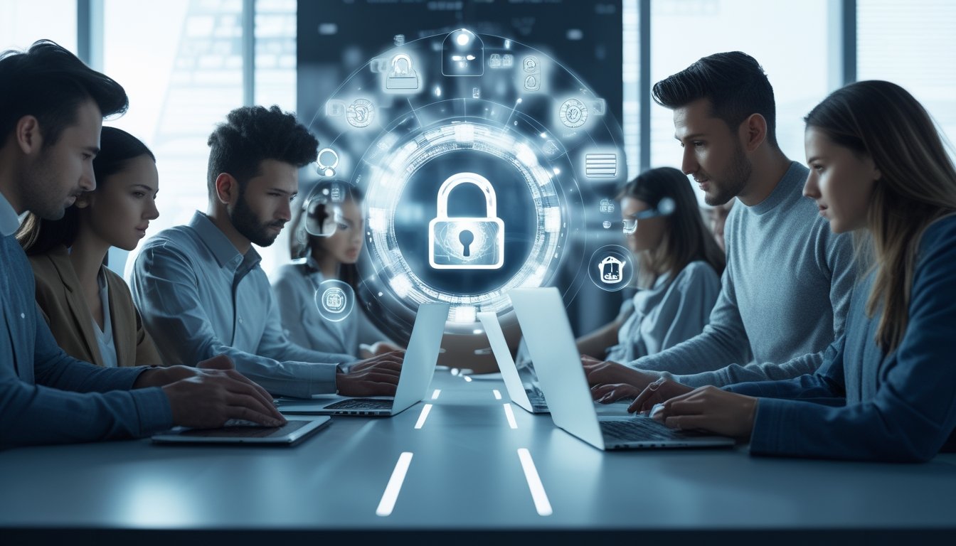 Orang-orang menggunakan perangkat digital dengan ikon keamanan data di latar belakang.