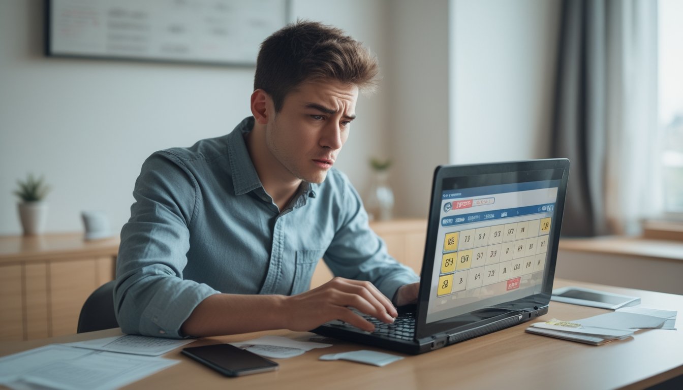 Seorang pria muda duduk di meja dengan laptop, tampak frustrasi saat bermain permainan togel online, dengan catatan dan ponsel di sekitarnya.