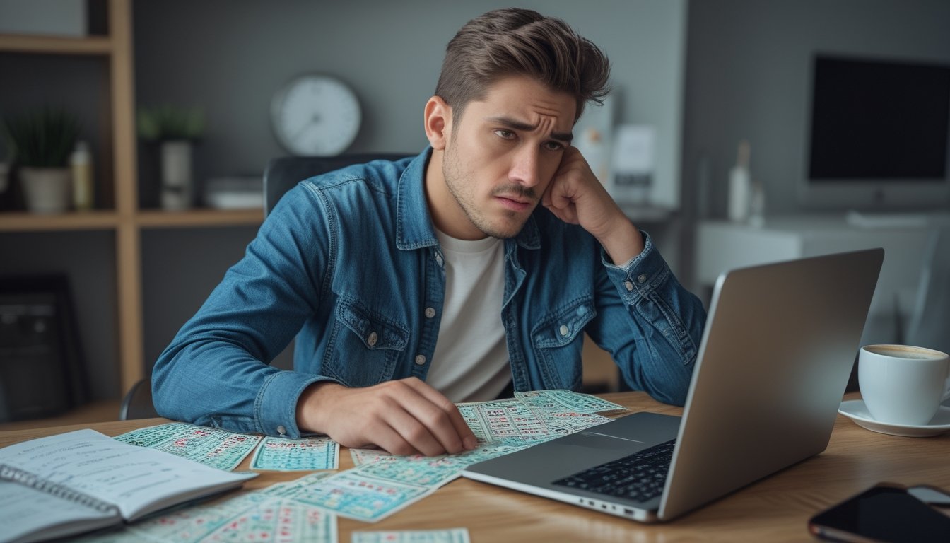 Seorang pria muda duduk di meja dengan laptop dan tiket togel, tampak berpikir dan sedikit cemas.