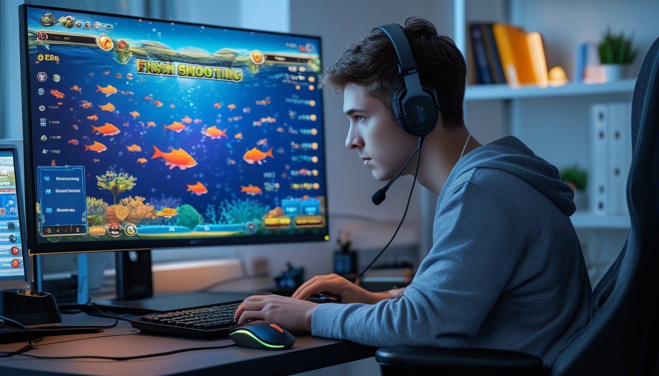 Seorang pria muda duduk di meja dengan komputer yang menampilkan permainan tembak ikan online berwarna-warni, fokus bermain dengan perlengkapan gaming di ruangan yang rapi.