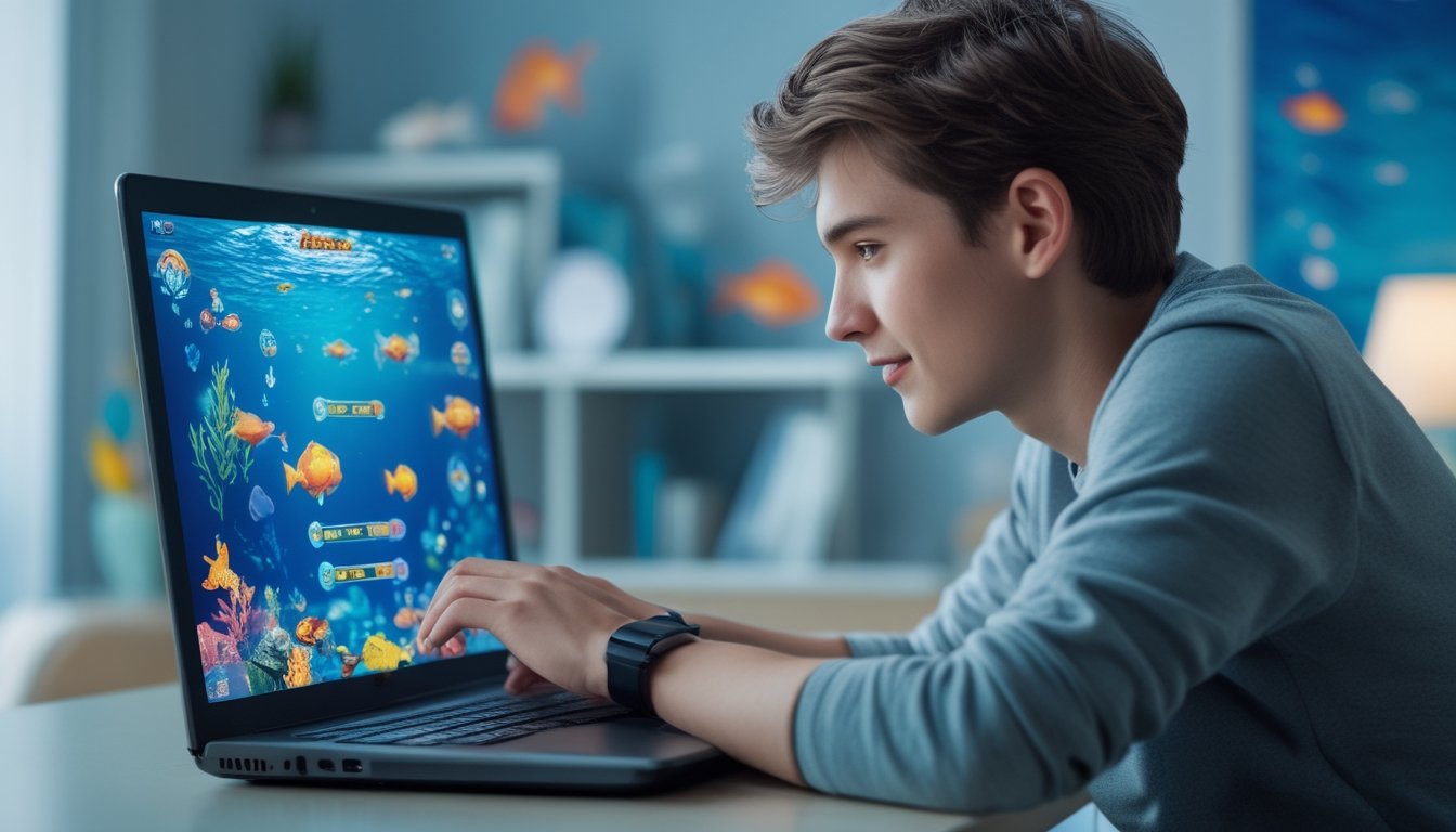 Seorang dewasa muda sedang fokus bermain permainan tembak ikan online di laptop di ruangan yang rapi dengan dekorasi bertema laut.