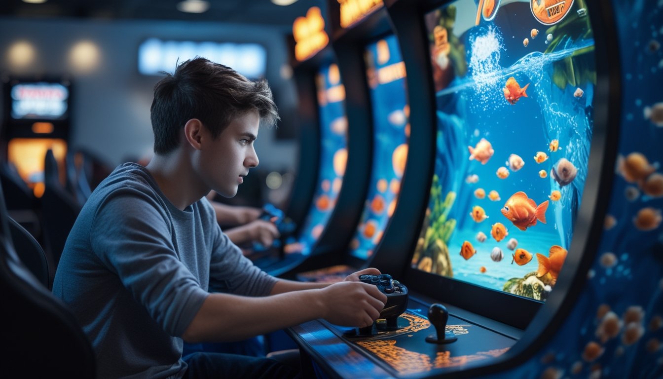 Seorang dewasa muda sedang fokus bermain game tembak ikan dengan layar penuh warna dan peralatan permainan di lingkungan arcade.
