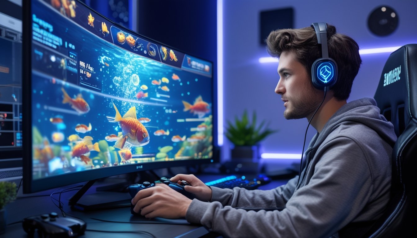 Seorang pria muda sedang bermain game tembak ikan terbaru di komputer dengan fokus di sebuah ruangan gaming modern.