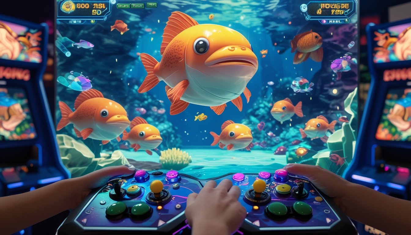Seorang pemain sedang bermain game tembak ikan arcade dengan layar menampilkan ikan besar sebagai bos dalam suasana arcade yang penuh warna dan lampu neon.