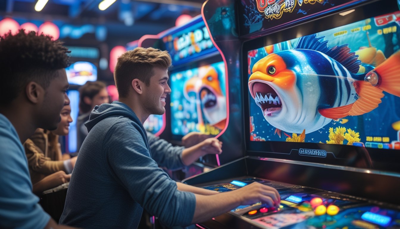 Beberapa orang sedang bermain game arcade menembak ikan dengan layar menampilkan ikan besar sebagai bos dalam permainan.