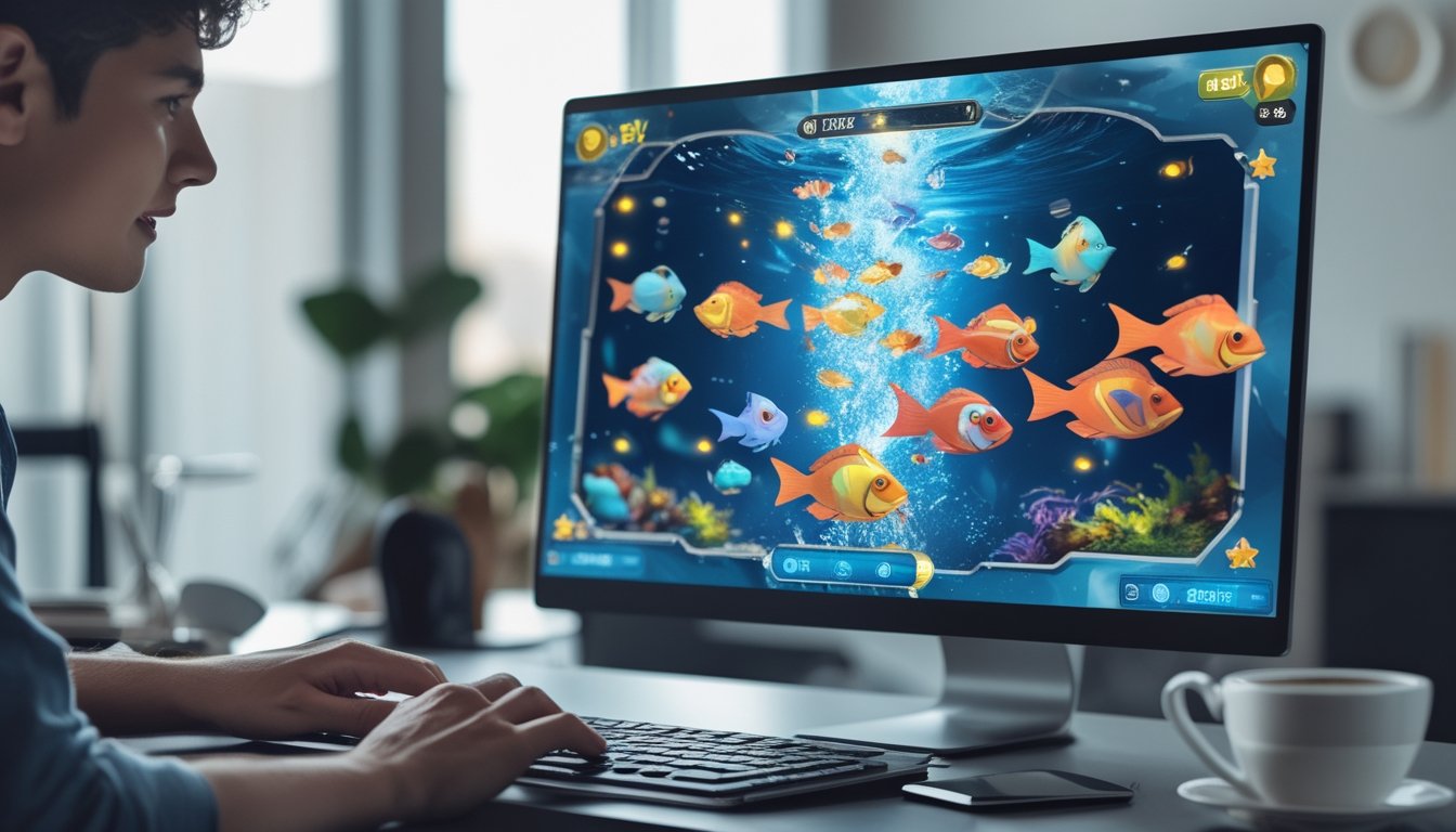 Seorang pemain muda sedang fokus bermain game tembak ikan online di komputer dengan layar penuh warna dan latar belakang ruangan yang nyaman.