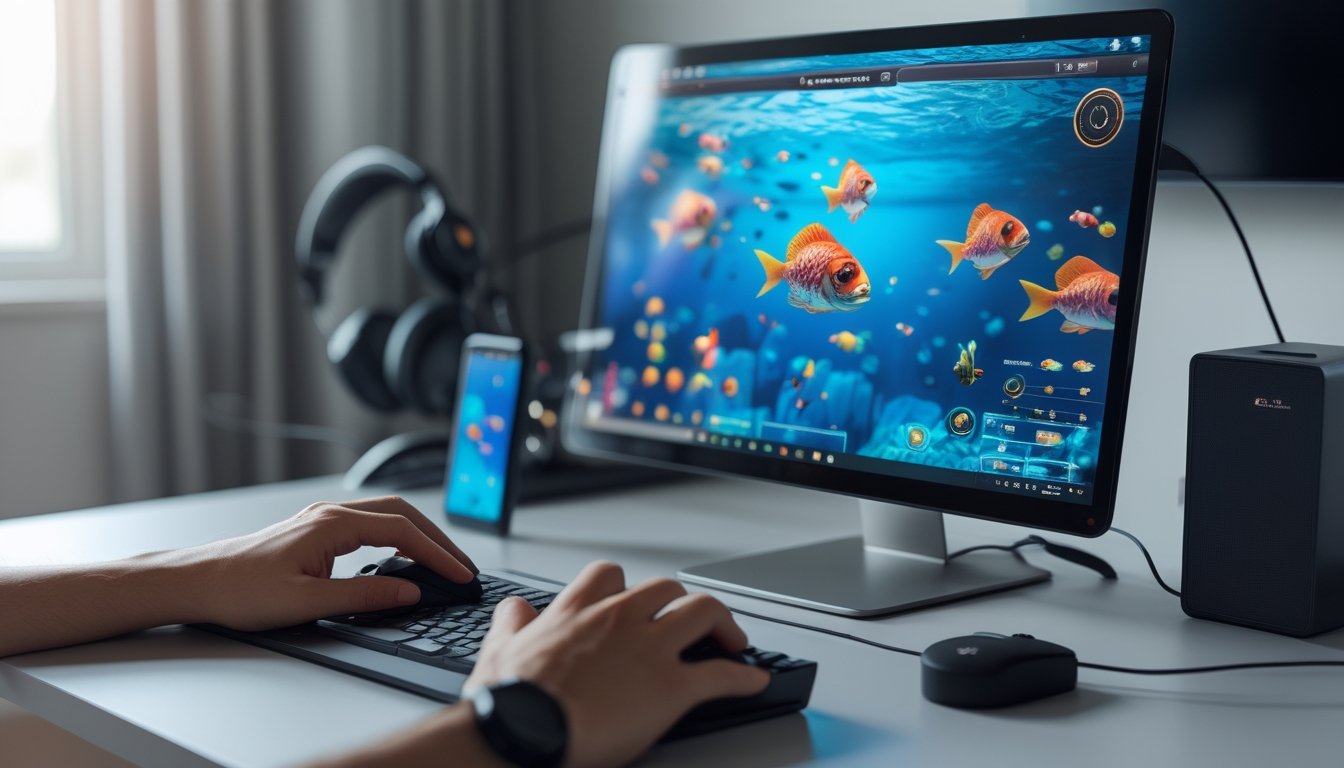 Seseorang sedang bermain permainan tembak ikan online di komputer dengan layar menampilkan ikan warna-warni di bawah air.