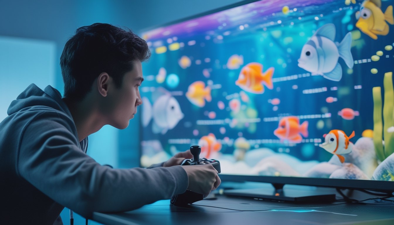 Seorang pemain fokus bermain game menembak ikan dengan layar besar menampilkan ikan berwarna-warni dan target di latar belakang bawah laut.