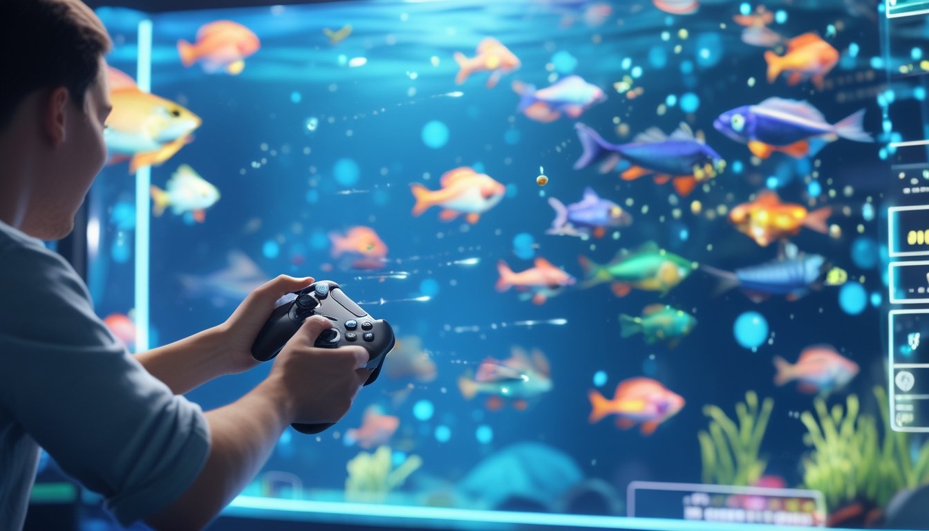 Tangan pemain memegang pengendali game menghadap layar dengan ikan berwarna-warni berenang di latar belakang bawah laut.