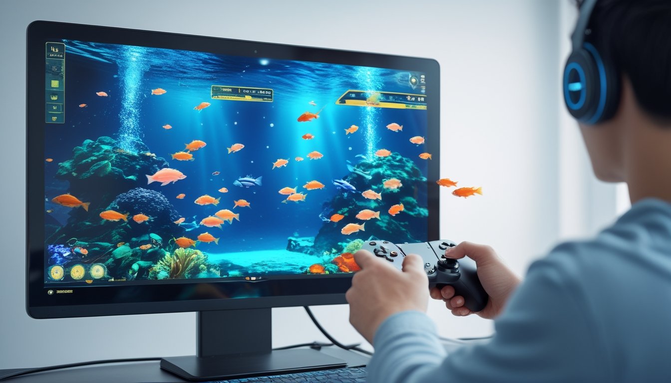Seseorang sedang bermain game menembak ikan online dengan layar yang menampilkan ikan berwarna-warni di bawah laut.