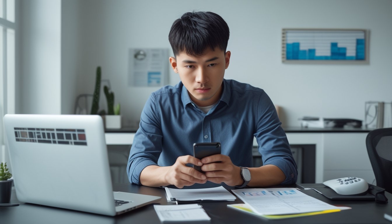 Seorang pria muda duduk di meja kerja dengan laptop dan ponsel, mengatur keuangan dan merencanakan modal dengan serius.