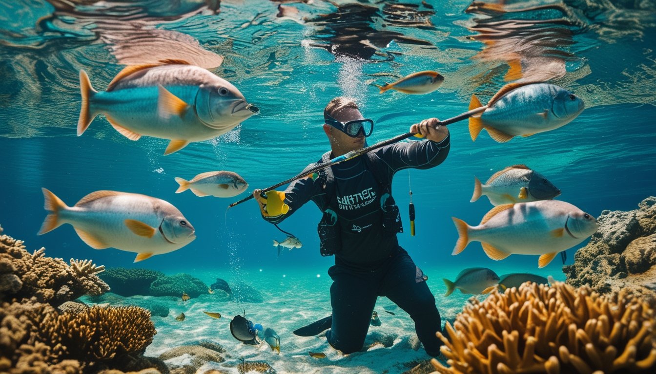 Seorang nelayan menyelam dan membidik ikan kecil dan besar dengan tombak di bawah air di dekat terumbu karang.
