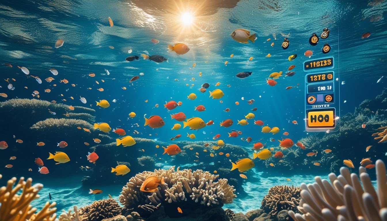 Pemandangan bawah laut dengan berbagai ikan tropis berwarna-warni berenang di sekitar terumbu karang dan antarmuka permainan digital modern yang menampilkan elemen permainan tembak ikan.