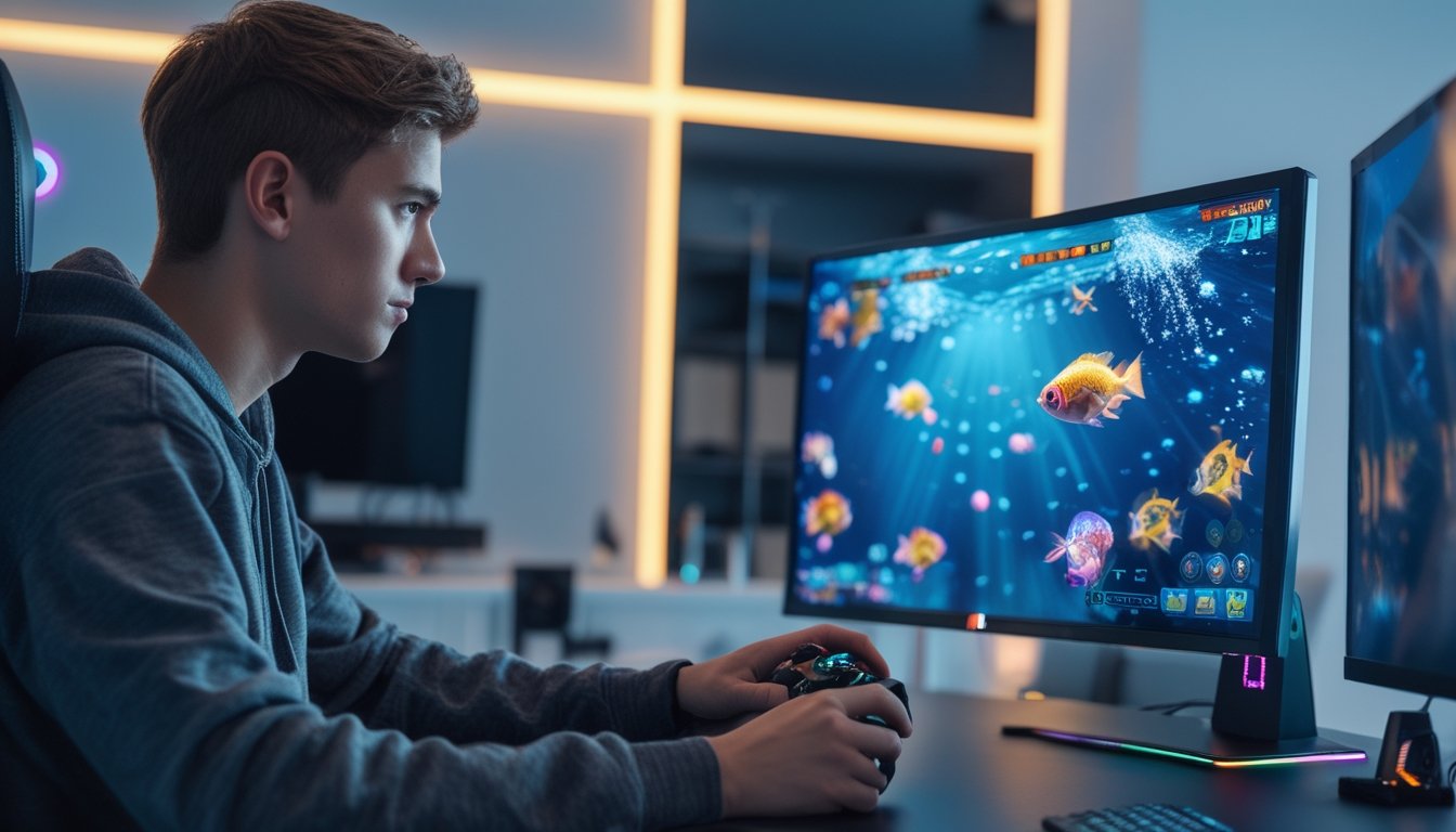 Seorang pemain muda fokus bermain permainan tembak ikan di depan monitor komputer dengan suasana ruangan gaming yang rapi dan pencahayaan warna-warni.