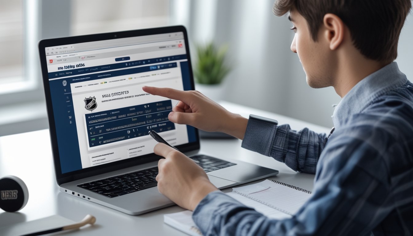Seorang pemula sedang belajar membaca odds taruhan NHL dengan laptop dan buku catatan di meja kerja.