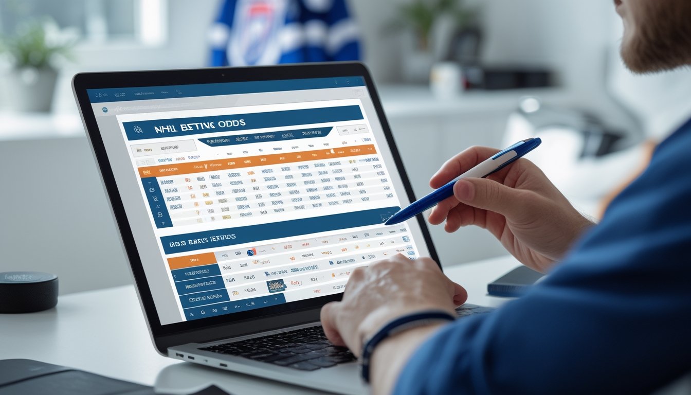 Seseorang sedang melihat layar laptop yang menampilkan data odds taruhan NHL dengan fokus di ruang kerja yang rapi.