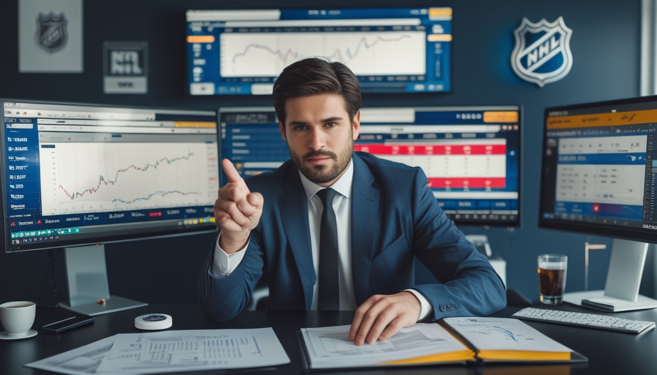 Seorang analis olahraga sedang mempelajari strategi taruhan NHL di kantor dengan beberapa layar komputer yang menampilkan statistik dan peluang taruhan.