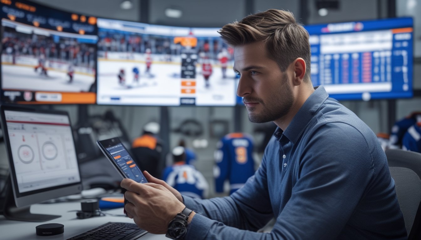 Seorang analis olahraga sedang melihat data performa tim NHL terbaru di layar komputer di kantor modern.