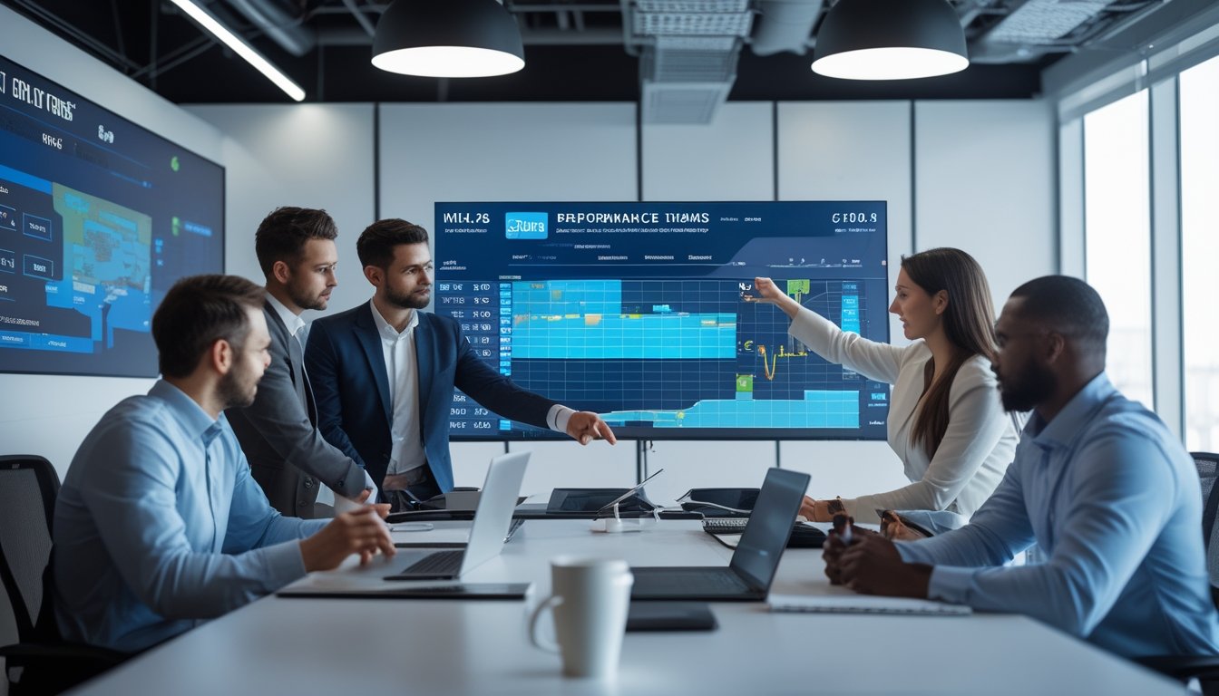 Sekelompok profesional sedang berdiskusi dan menganalisis data performa tim NHL di ruang kantor modern.