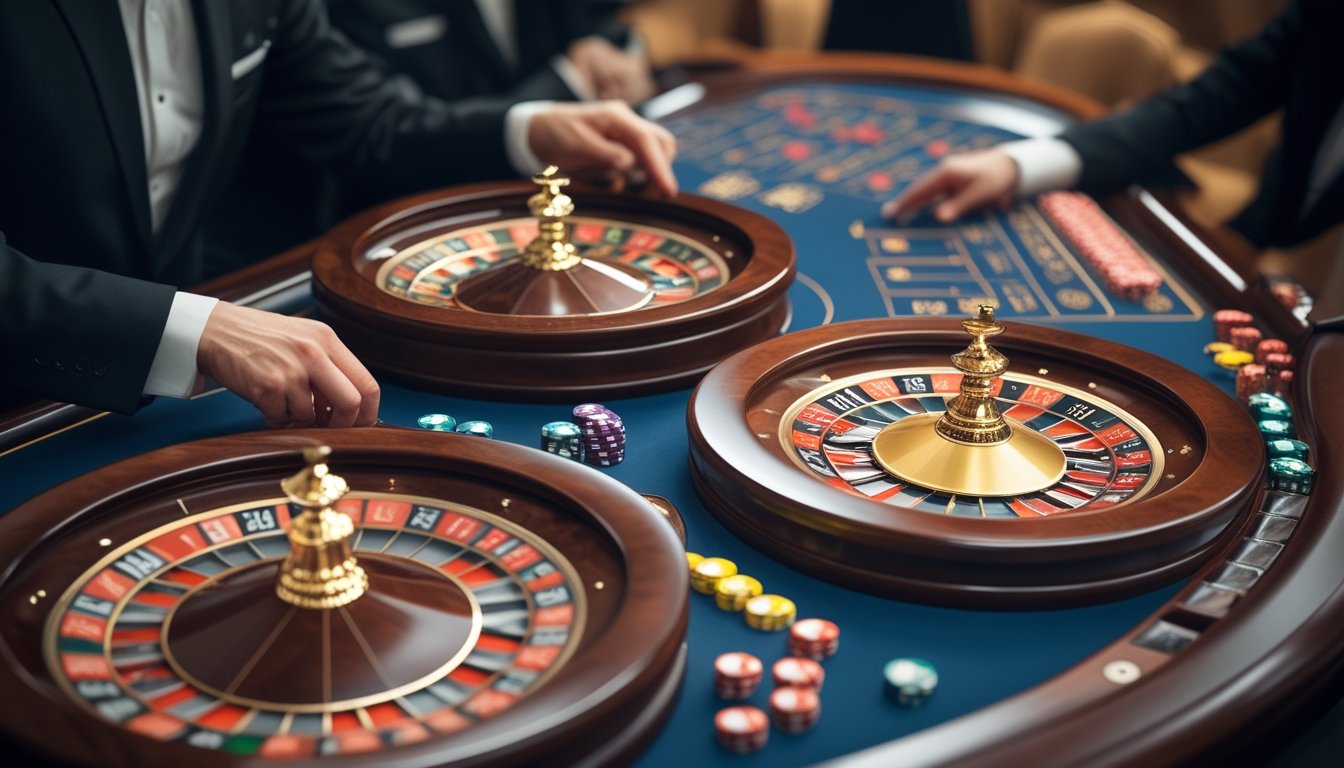 Meja roulette Eropa dan Prancis dengan roda roulette, chip taruhan berwarna-warni, dan dealer berpakaian rapi di kasino yang mewah.