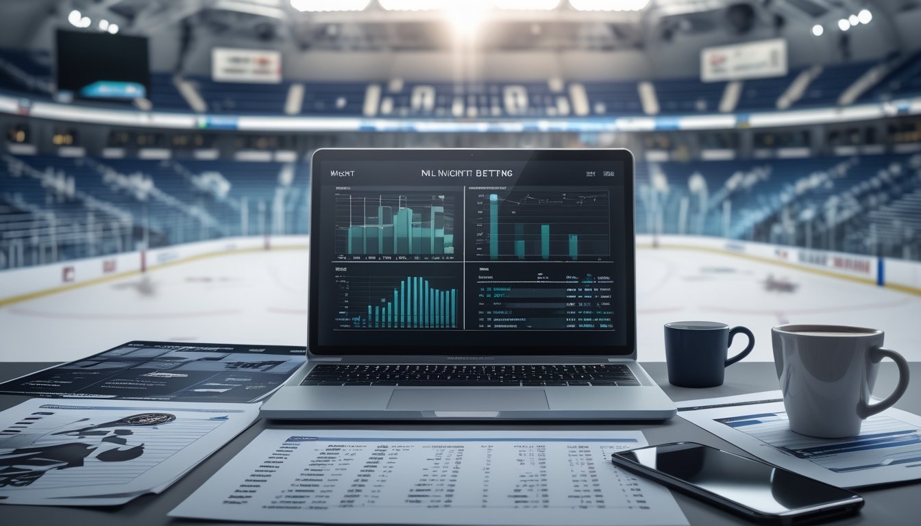 Seorang analis sedang bekerja dengan laptop dan dokumen statistik tentang taruhan NHL di sebuah ruang kerja modern.