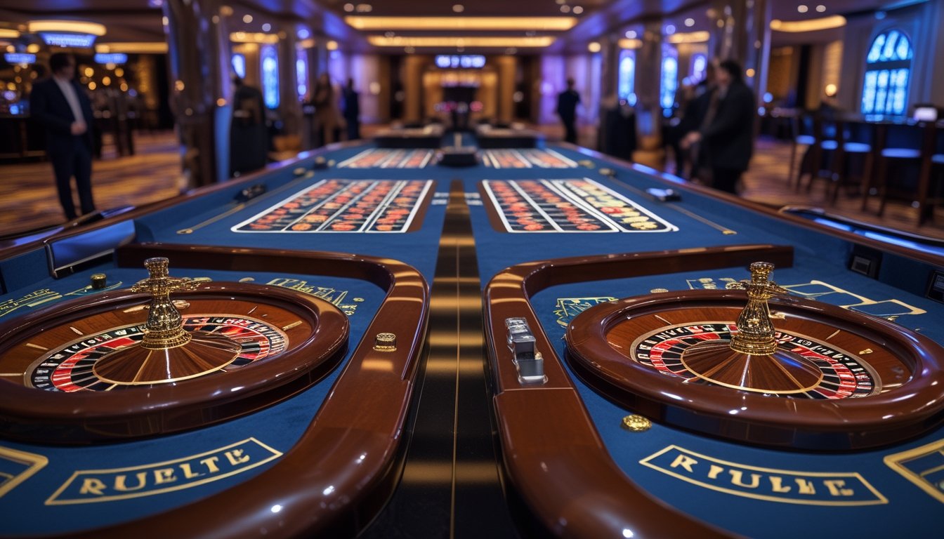 Dua meja roulette di kasino yang mewah dengan pemain mengamati permainan.