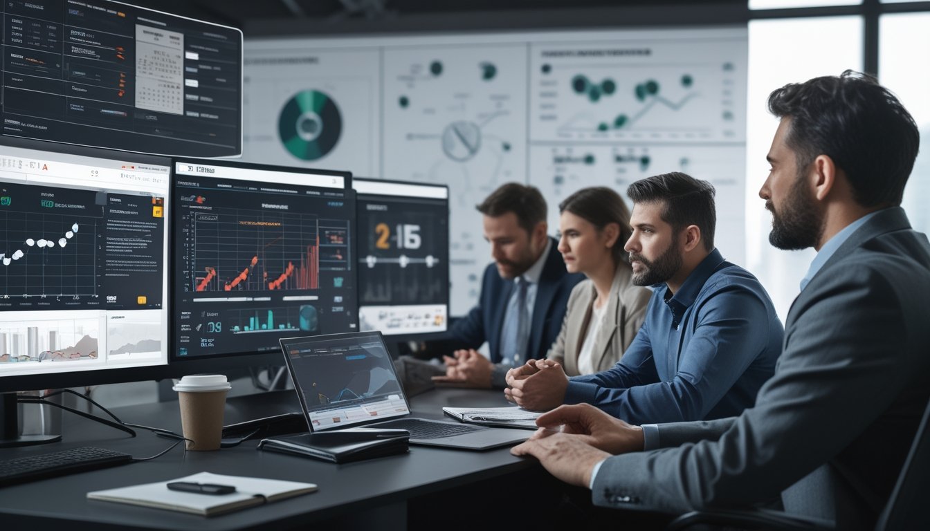 Sekelompok profesional sedang menganalisis data statistik dan performa pemain NHL di kantor modern.