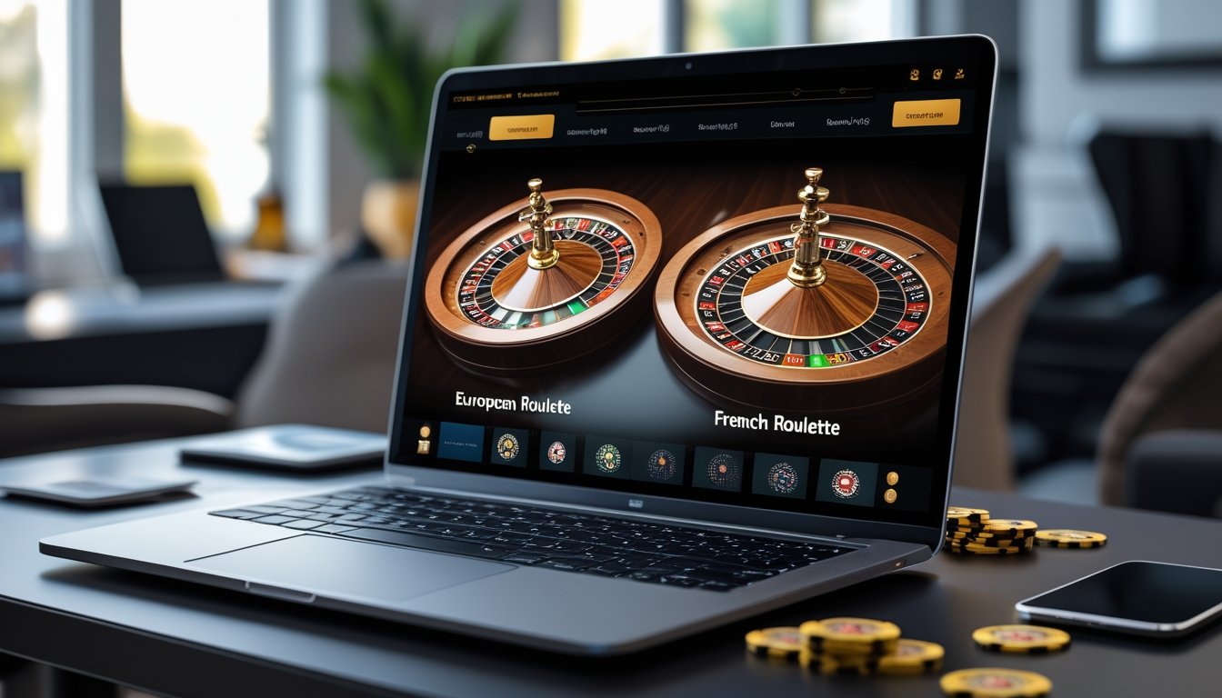 Seseorang menggunakan komputer dengan tampilan permainan roulette Eropa dan Prancis di layar dalam ruangan yang terang dan modern.