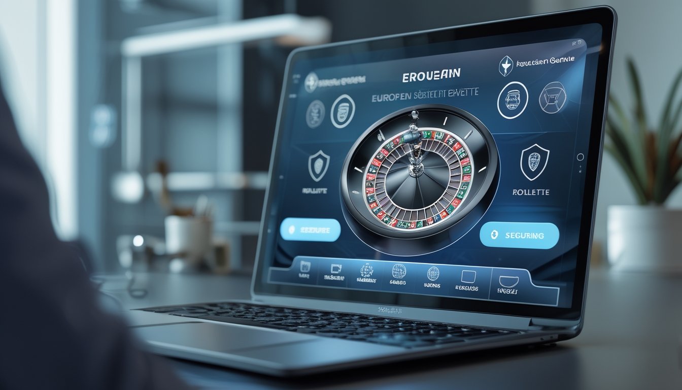 Seorang profesional menggunakan komputer dengan layar menampilkan roda roulette digital dan simbol keamanan di ruang kerja modern.