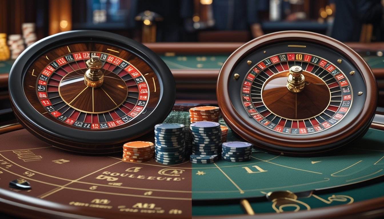 Dua roda roulette yang berbeda ditempatkan berdampingan di atas meja kasino dengan tumpukan chip di sekitarnya.