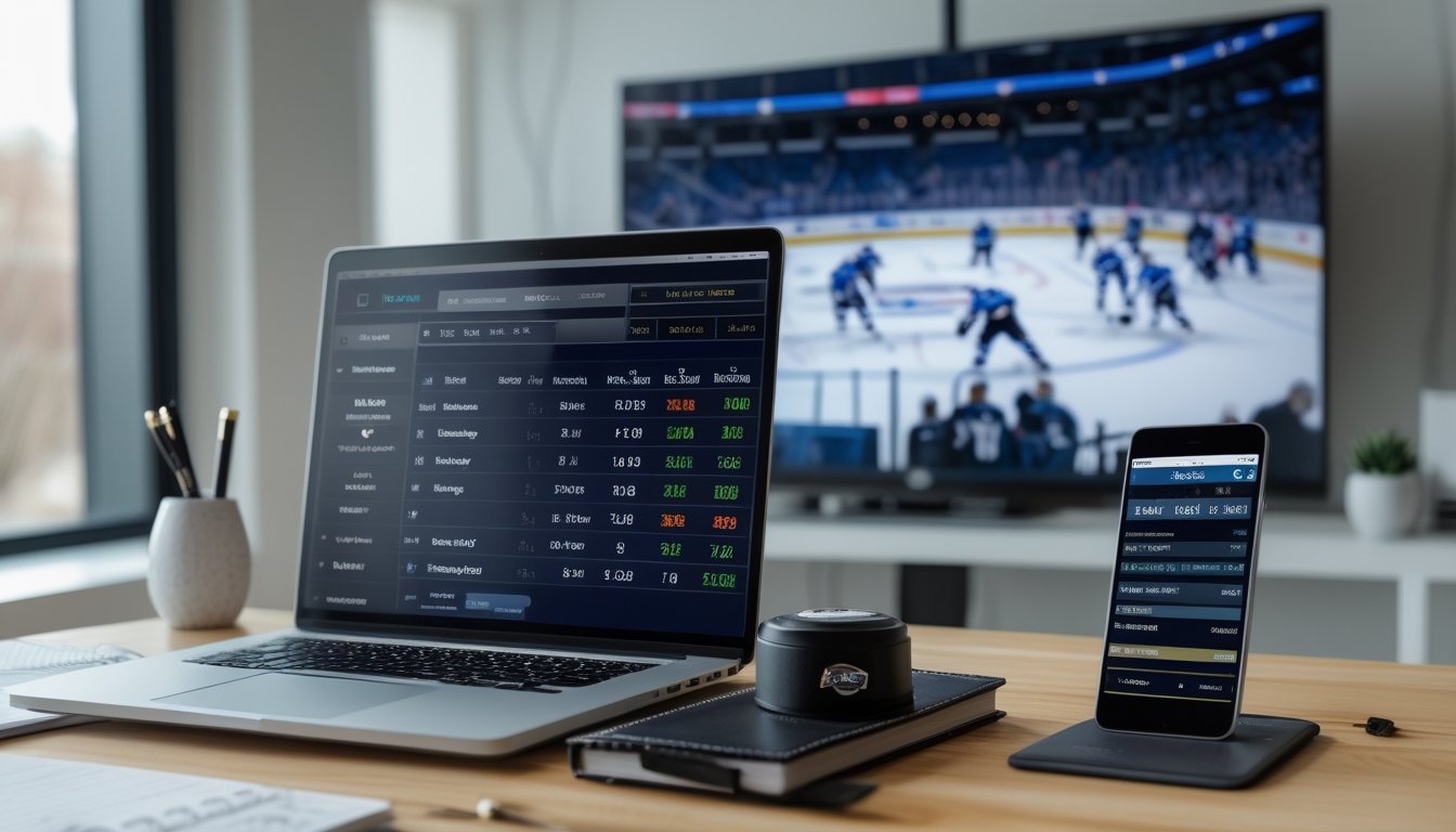 Meja kerja dengan laptop menampilkan statistik NHL, catatan taruhan, ponsel dengan aplikasi taruhan, dan layar besar menampilkan pertandingan hoki es.
