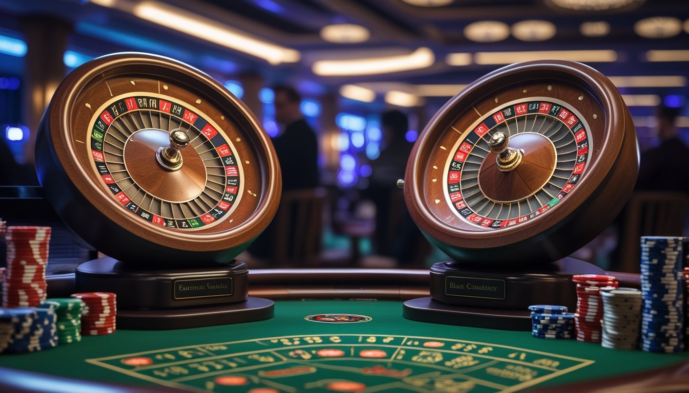 Meja kasino dengan dua roda roulette, satu European dan satu French, berdampingan dengan tumpukan chip di atas meja hijau.