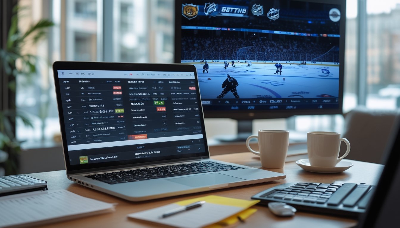Meja kerja dengan laptop yang menampilkan peluang taruhan NHL, catatan dan kalkulator, serta televisi yang menayangkan pertandingan hoki es langsung.