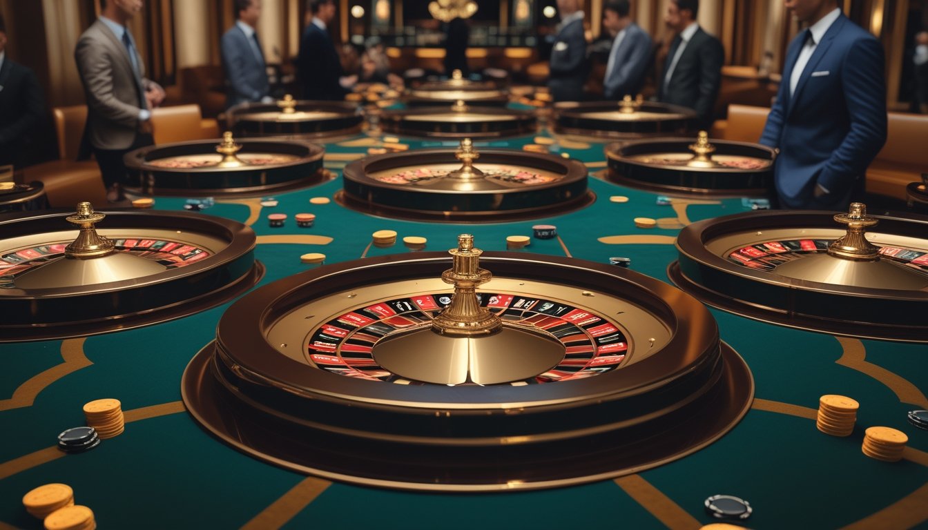 Suasana kasino mewah dengan sepuluh meja roulette Eropa dan Prancis, pemain bermain dengan serius di lingkungan yang elegan.