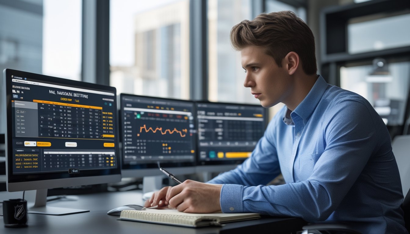 Seorang analis olahraga sedang bekerja di meja dengan beberapa layar komputer yang menampilkan statistik dan data taruhan NHL, di ruang kantor yang rapi.