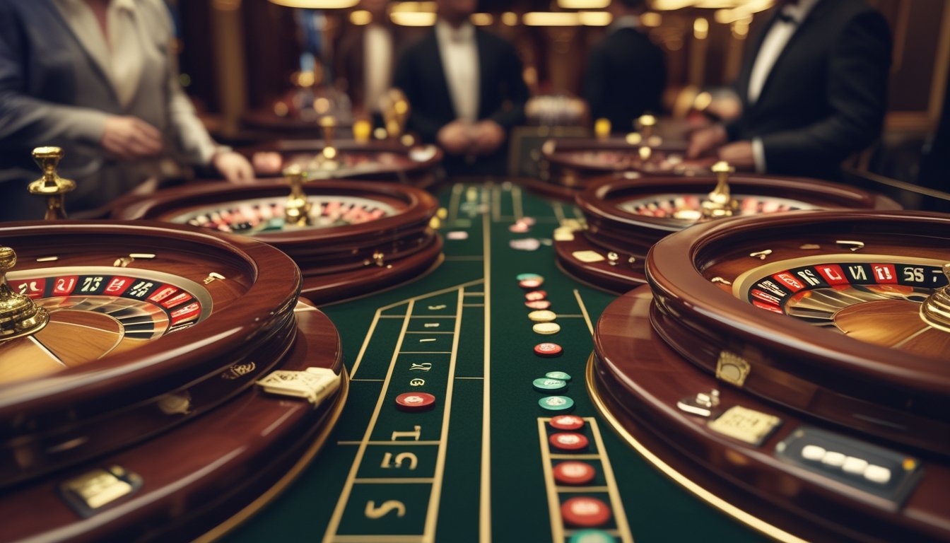 Meja roulette Eropa dan roulette Prancis berdampingan di kasino mewah dengan pemain dan dealer di latar belakang.