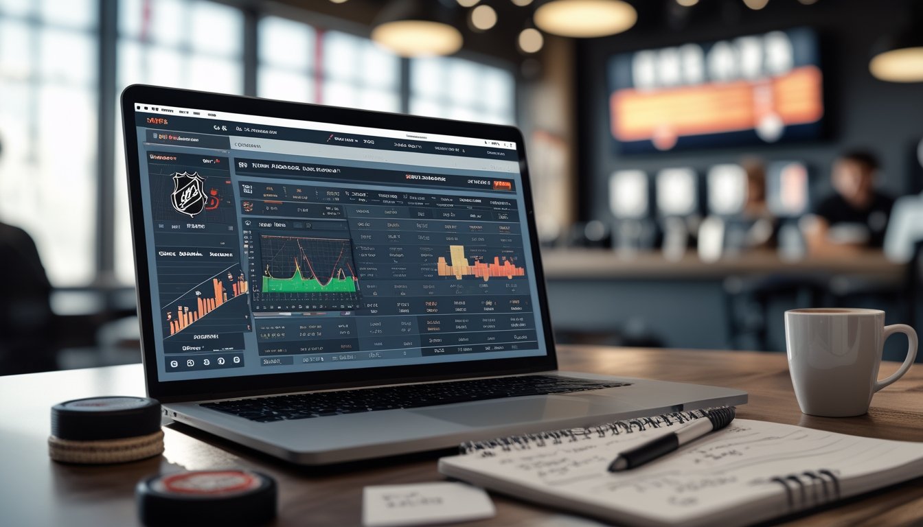 Meja kerja dengan laptop yang menampilkan statistik dan grafik taruhan NHL, dilengkapi dengan alat hoki dan catatan, di latar belakang tampak layar pertandingan NHL.