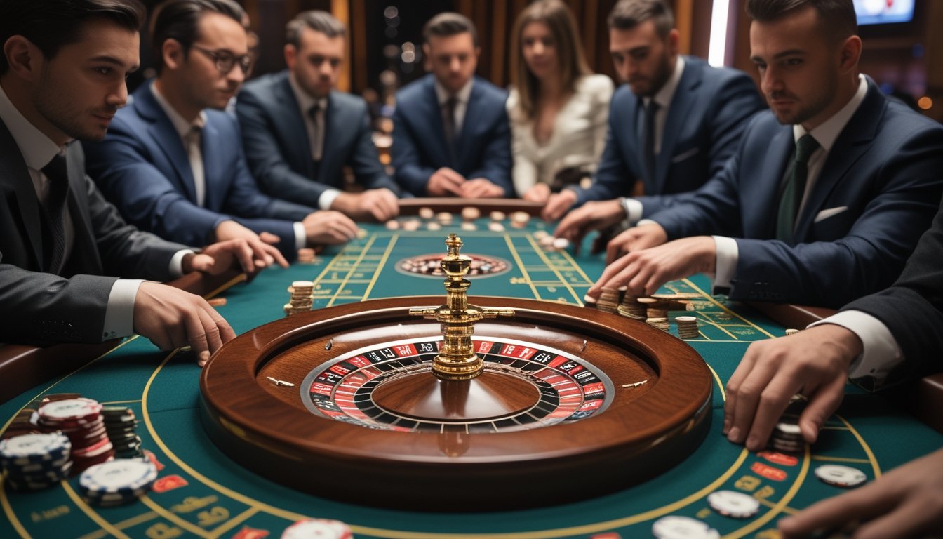 Meja roulette di kasino dengan pemain yang sedang memasang taruhan dan roda roulette yang sedang berputar.